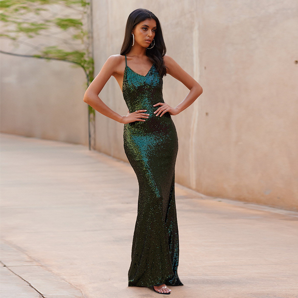 SZ60256-3 Green Sequin Cross Back Fishtail Maxi Dress